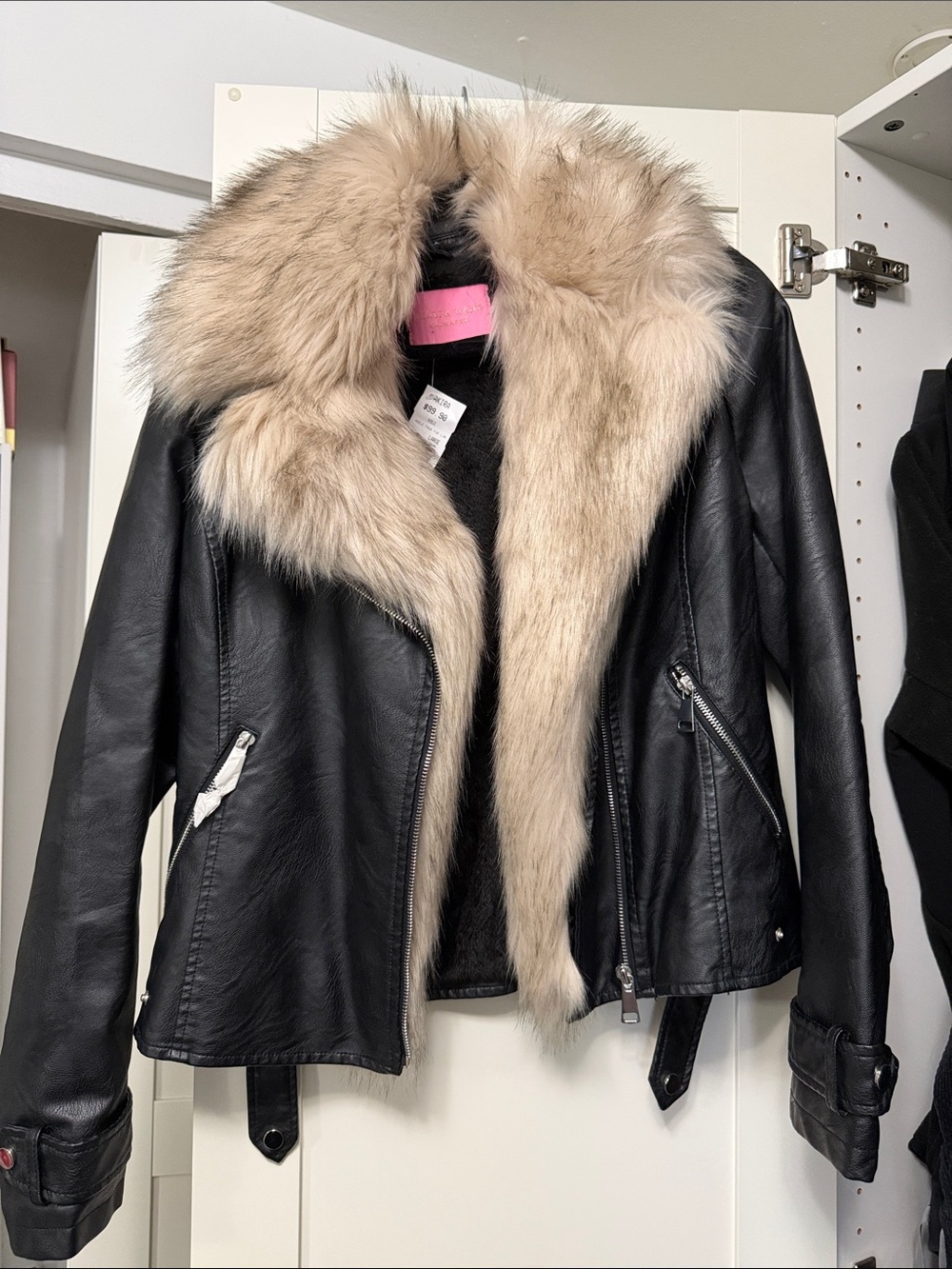 Women's Black Faux Leather Jacket with Beige Fur Trim